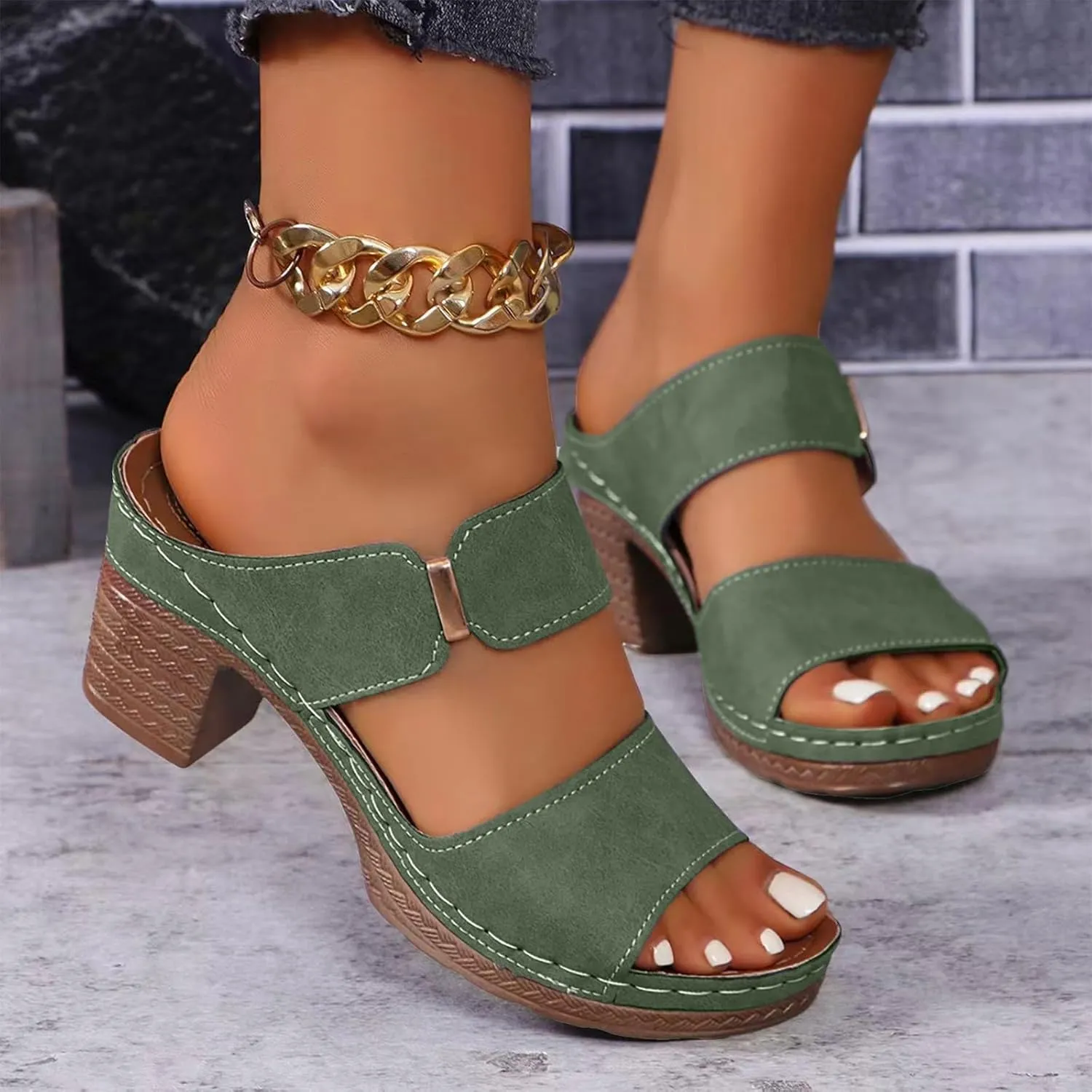 Wedge Sandals for Women 2025Modest Block Heels Classic 2 Strap Sandals Womens Dressy Chunky Heeled Womens Heels