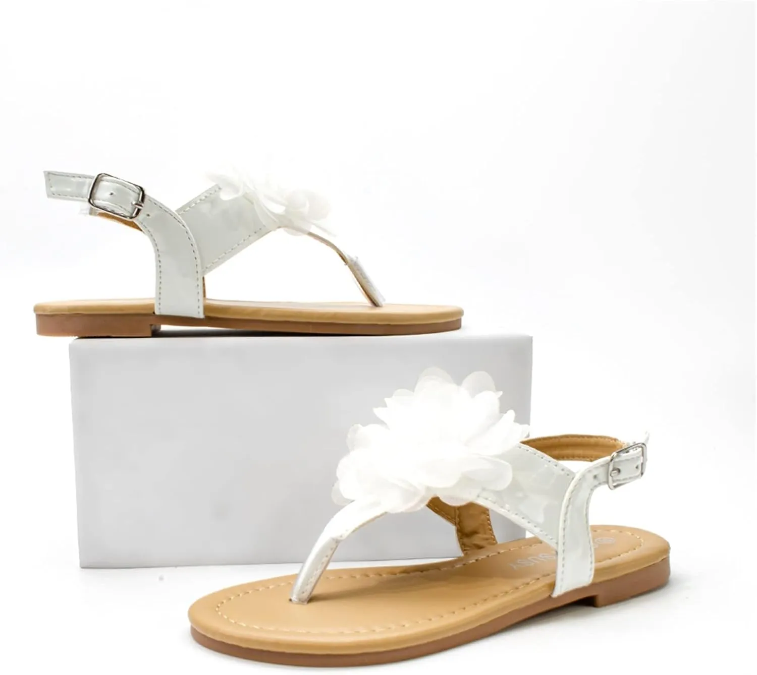 White Sandals for Girls Children Flat Bottomed Pin Toe Sandals Flower Beach Shoes Pin Toe Little Girls Sandals for Outer (White, 13 Little Child)