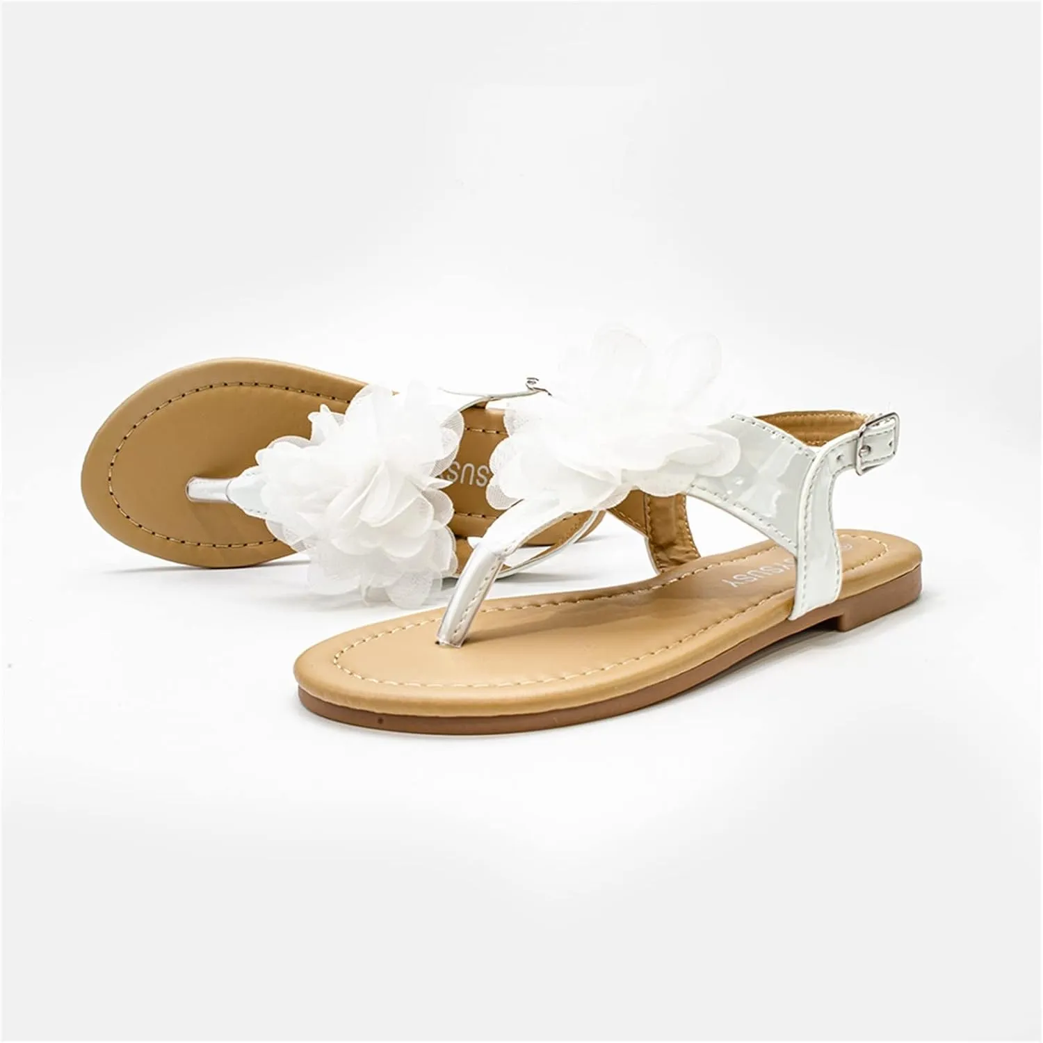 White Sandals for Girls Children Flat Bottomed Pin Toe Sandals Flower Beach Shoes Pin Toe Little Girls Sandals for Outer (White, 13 Little Child)