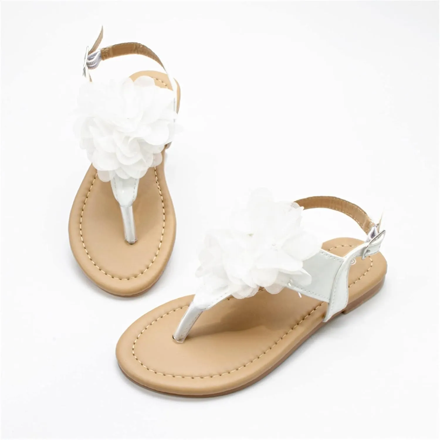 White Sandals for Girls Children Flat Bottomed Pin Toe Sandals Flower Beach Shoes Pin Toe Little Girls Sandals for Outer (White, 13 Little Child)