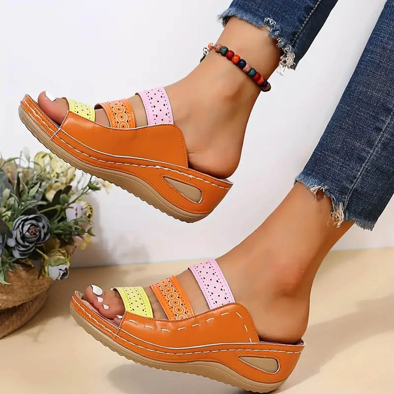 Women Wedge Sandals Womens Sandals with Memory Foam Insole and Cork Footbed Womens Casual Slip on Summer Wedge Sandals