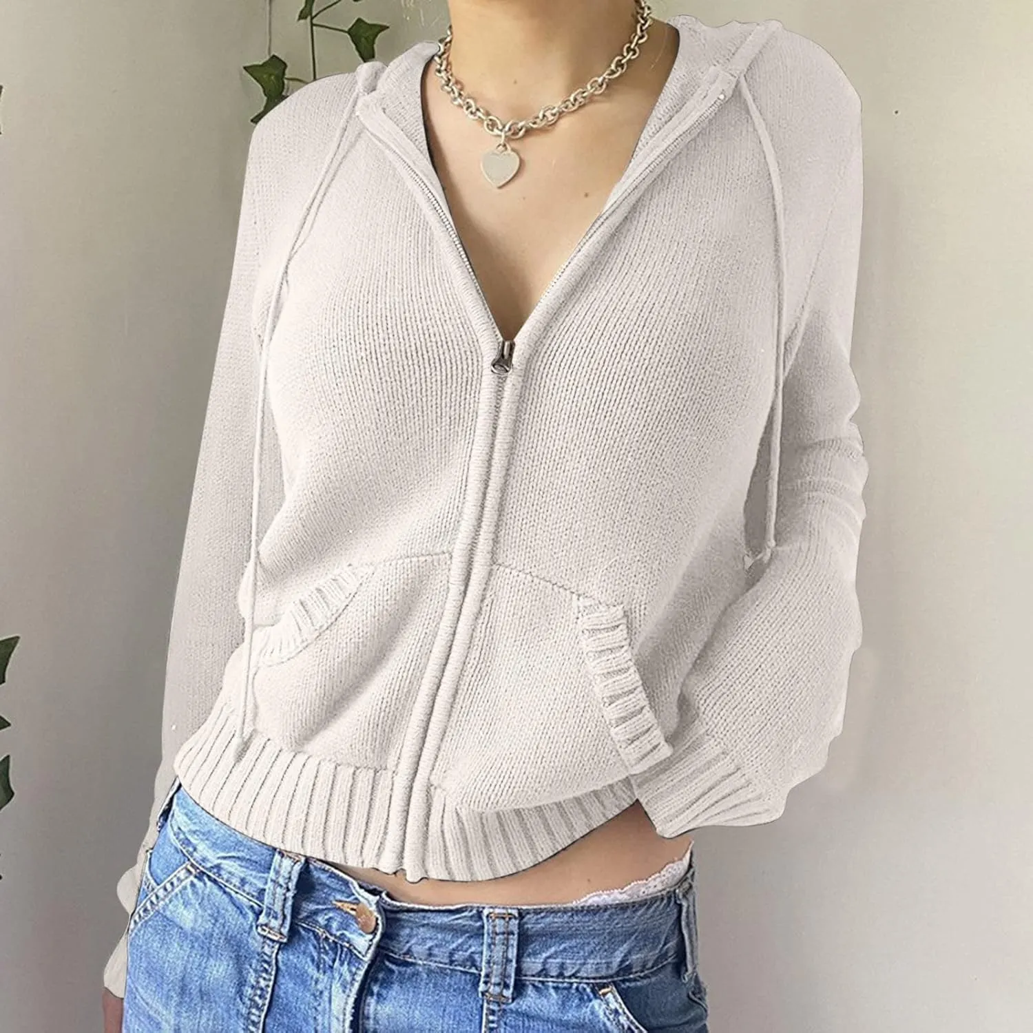 Women Zip Up Long Sleeve Crop Hooded Tops Ribbed Knit Cropped Hoodie Jacket Cute Sweater Pullover Womens Fleece Womens Coat