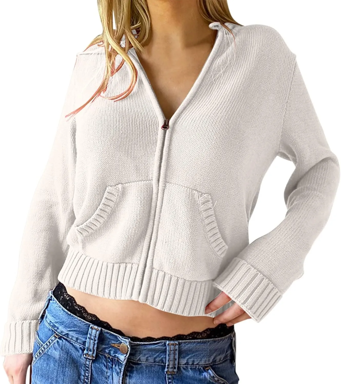Women Zip Up Long Sleeve Crop Hooded Tops Ribbed Knit Cropped Hoodie Jacket Cute Sweater Pullover Womens Fleece Womens Coat