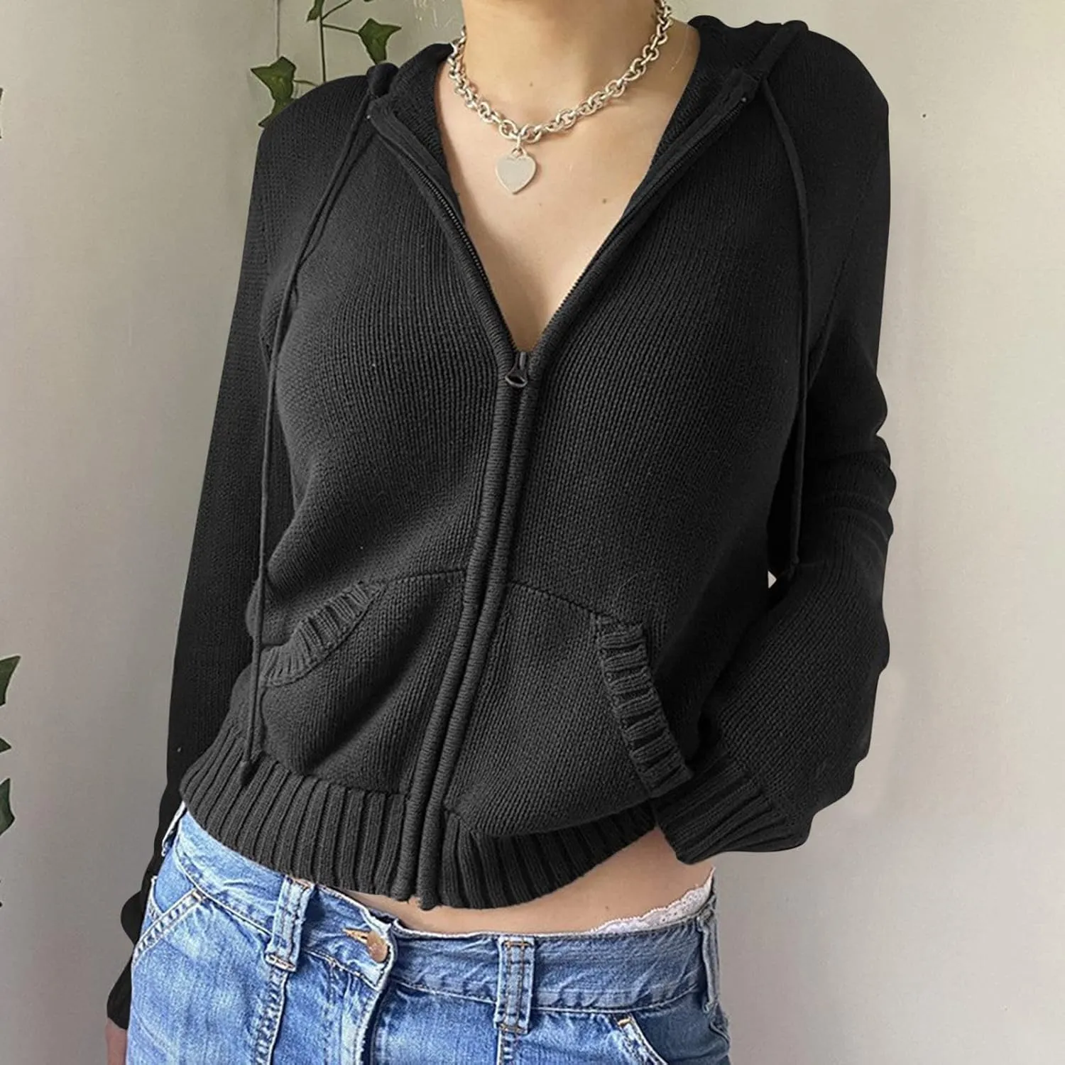 Women Zip Up Long Sleeve Crop Hooded Tops Ribbed Knit Cropped Hoodie Jacket Cute Sweater Pullover Womens Fleece Womens Coat