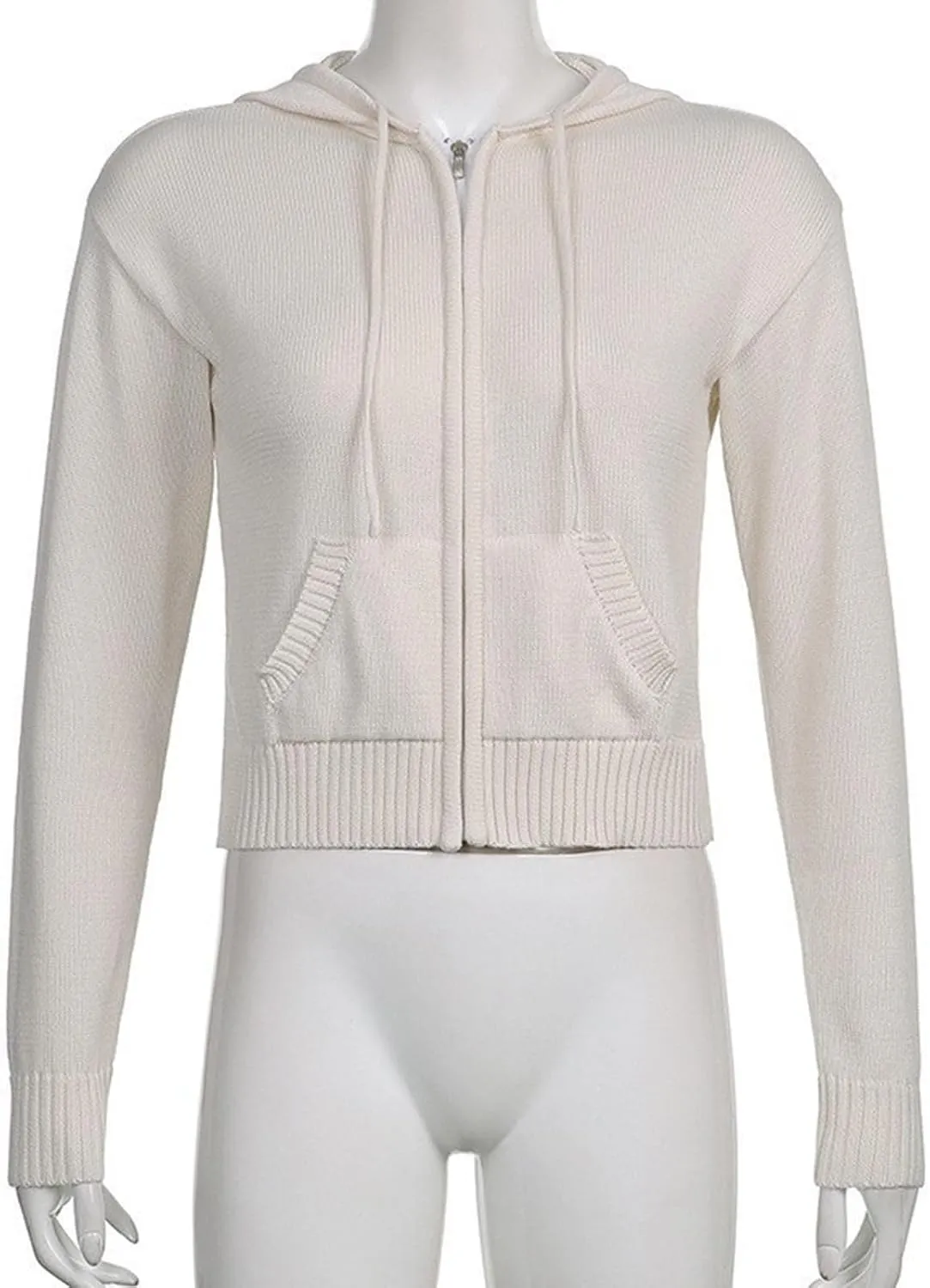 Women Zip Up Long Sleeve Crop Hooded Tops Ribbed Knit Cropped Hoodie Jacket Cute Sweater Pullover Womens Fleece Womens Coat
