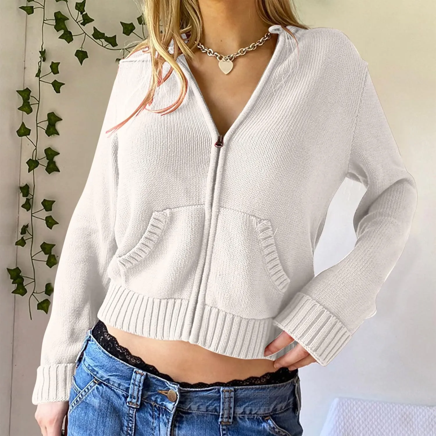 Women Zip Up Long Sleeve Crop Hooded Tops Ribbed Knit Cropped Hoodie Jacket Cute Sweater Pullover Womens Fleece Womens Coat