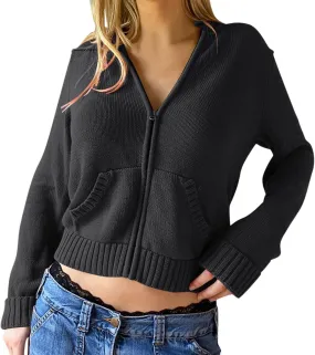 Women Zip Up Long Sleeve Crop Hooded Tops Ribbed Knit Cropped Hoodie Jacket Cute Sweater Pullover Womens Fleece Womens Coat