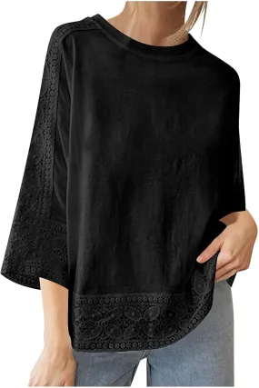 Womens 3/4 Sleeve Shirts V-Neck Lace Tops Teen Girls Going Out Casual Cozy Blouses Tee Trendy Summer Outfits Clothes