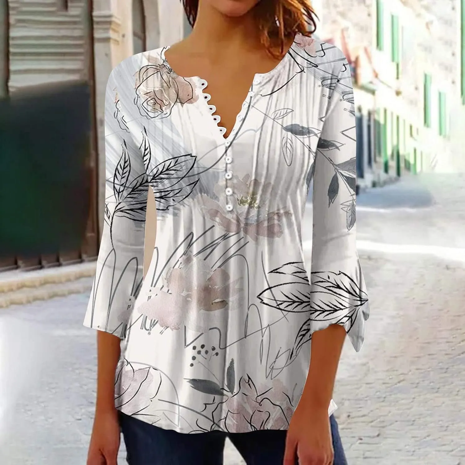 Womens 3/4 Sleeve T Shirts V Neck Griphic Print Womens Button Down Blouse Fashion Casual Loose Fit Pullover