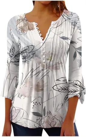 Womens 3/4 Sleeve T Shirts V Neck Griphic Print Womens Button Down Blouse Fashion Casual Loose Fit Pullover