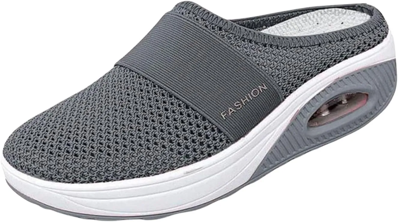 Womens Air Cushion Walking Shoes Slip-On Mesh Breathable Arch Support Mule Shoes Lightweight Closed Toe Slippers Outdoor Sneakers