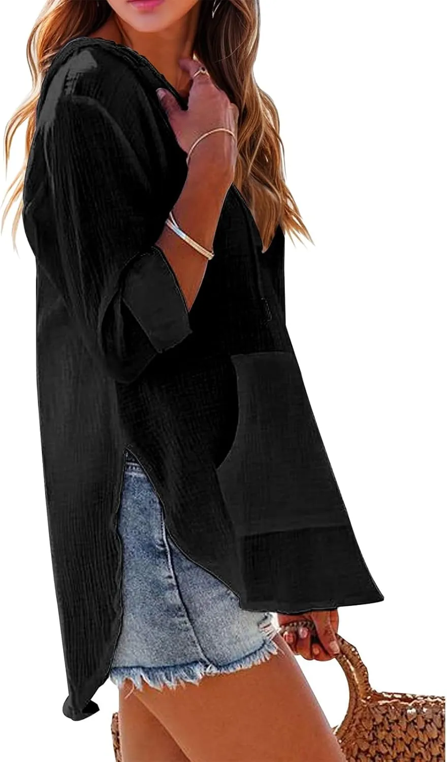 Women's Beach Cover Up Long Sleeve V Neck Linen Tops Pocketed Hooded Shirt Lightweight Summer Blouse Hoodies Sweatshirt