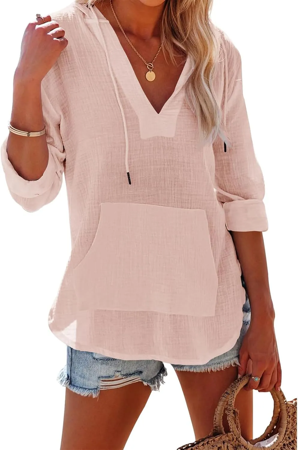 Women's Beach Cover Up Long Sleeve V Neck Linen Tops Pocketed Hooded Shirt Lightweight Summer Blouse Hoodies Sweatshirt