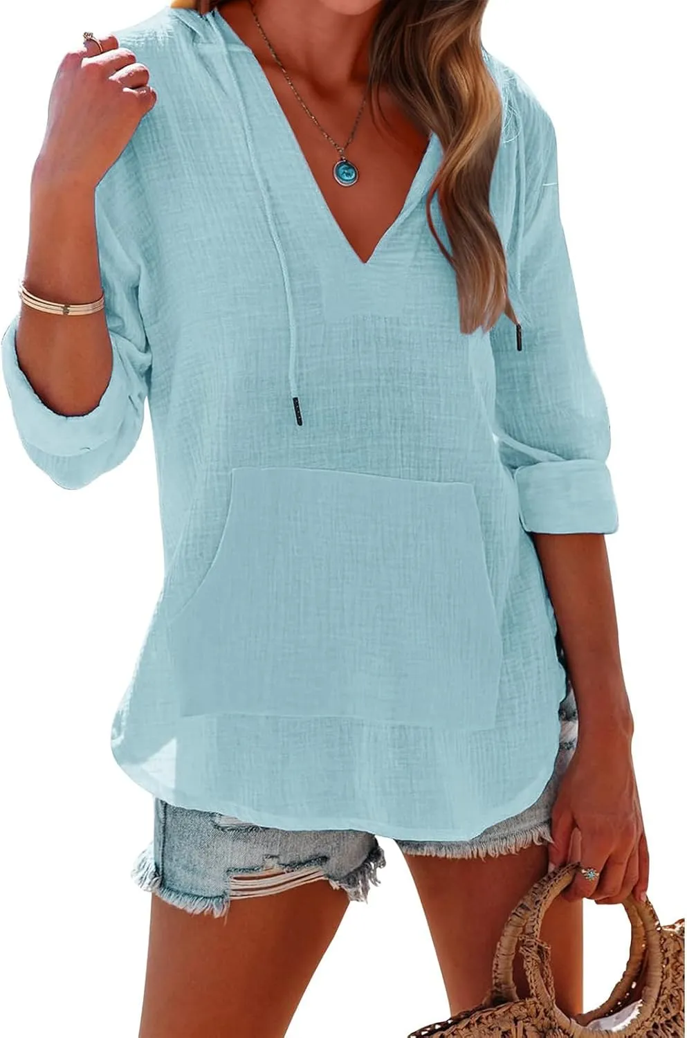 Women's Beach Cover Up Long Sleeve V Neck Linen Tops Pocketed Hooded Shirt Lightweight Summer Blouse Hoodies Sweatshirt