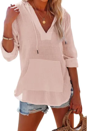 Women's Beach Cover Up Long Sleeve V Neck Linen Tops Pocketed Hooded Shirt Lightweight Summer Blouse Hoodies Sweatshirt