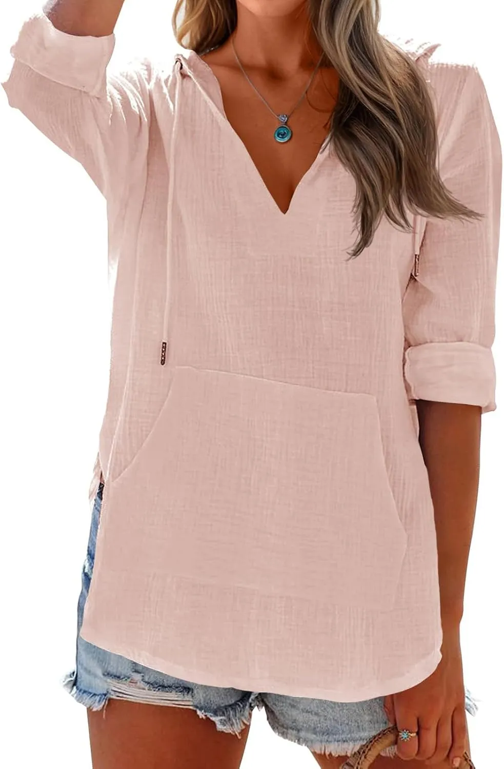 Women's Beach Cover Up Long Sleeve V Neck Linen Tops Pocketed Hooded Shirt Lightweight Summer Blouse Hoodies Sweatshirt