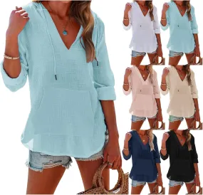 Women's Beach Cover Up Long Sleeve V Neck Linen Tops Pocketed Hooded Shirt Lightweight Summer Blouse Hoodies Sweatshirt