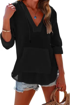 Women's Beach Cover Up Long Sleeve V Neck Linen Tops Pocketed Hooded Shirt Lightweight Summer Blouse Hoodies Sweatshirt