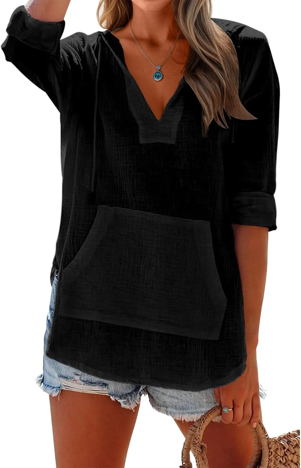 Women's Beach Cover Up Long Sleeve V Neck Linen Tops Pocketed Hooded Shirt Lightweight Summer Blouse Hoodies Sweatshirt