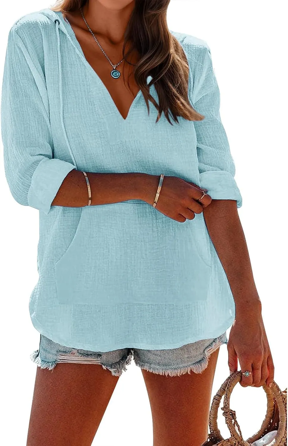 Women's Beach Cover Up Long Sleeve V Neck Linen Tops Pocketed Hooded Shirt Lightweight Summer Blouse Hoodies Sweatshirt