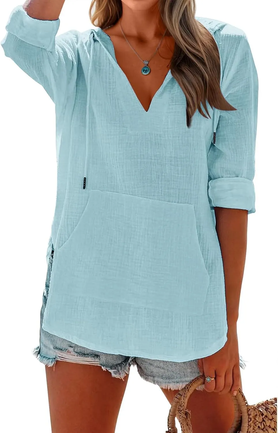 Women's Beach Cover Up Long Sleeve V Neck Linen Tops Pocketed Hooded Shirt Lightweight Summer Blouse Hoodies Sweatshirt