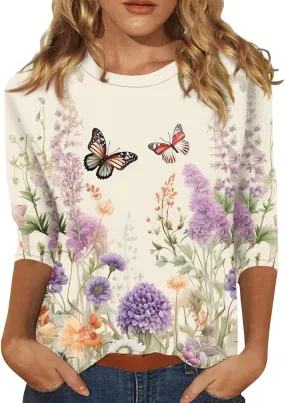 Womens Blouses 3/4 Sleeve Crewneck Shirts Summer Flowy Clothes Graphic Cute Tops Loose Casual Tees