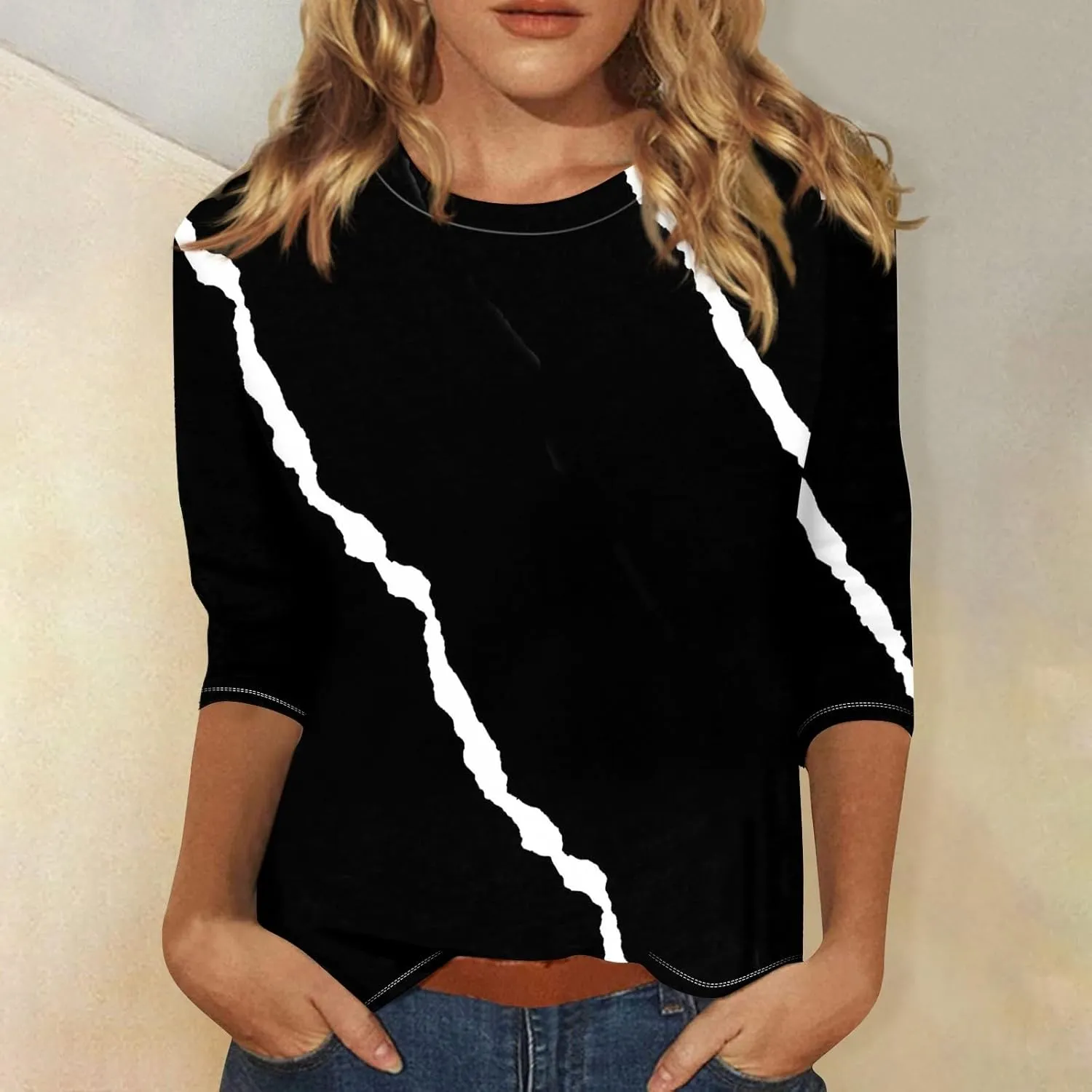 Womens Blouses 3/4 Sleeve Crewneck Shirts Summer Flowy Clothes Graphic Cute Tops Loose Casual Tees
