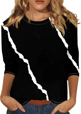 Womens Blouses 3/4 Sleeve Crewneck Shirts Summer Flowy Clothes Graphic Cute Tops Loose Casual Tees