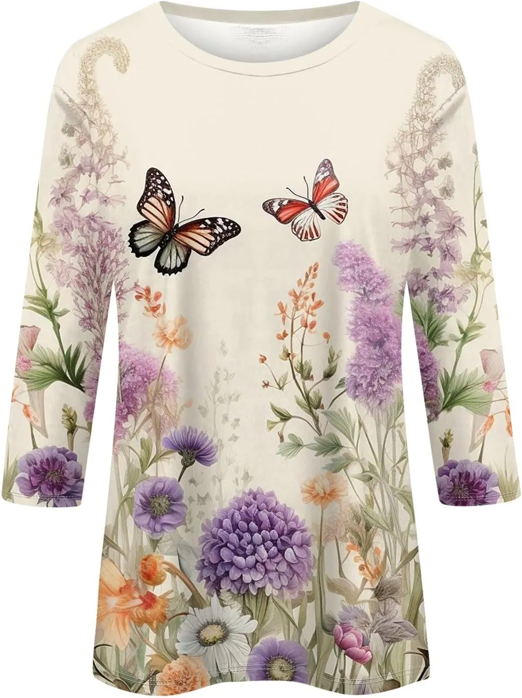 Womens Blouses 3/4 Sleeve Crewneck Shirts Summer Flowy Clothes Graphic Cute Tops Loose Casual Tees