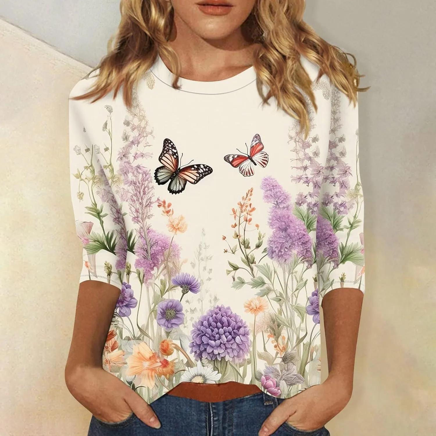 Womens Blouses 3/4 Sleeve Crewneck Shirts Summer Flowy Clothes Graphic Cute Tops Loose Casual Tees