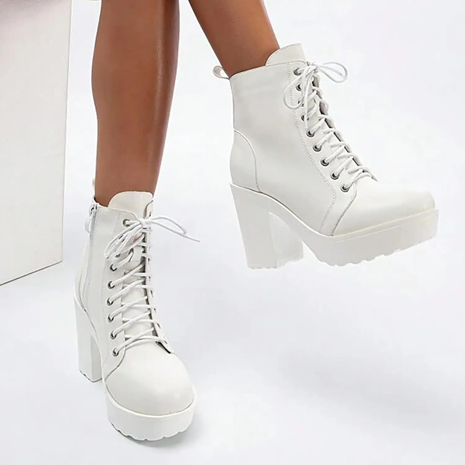 Womens Booties,Platform Boots for Women Chunky Heel Ankle Boots Mid Calf Lace Up Combat Boots Outdoor Snow Boots Shoe