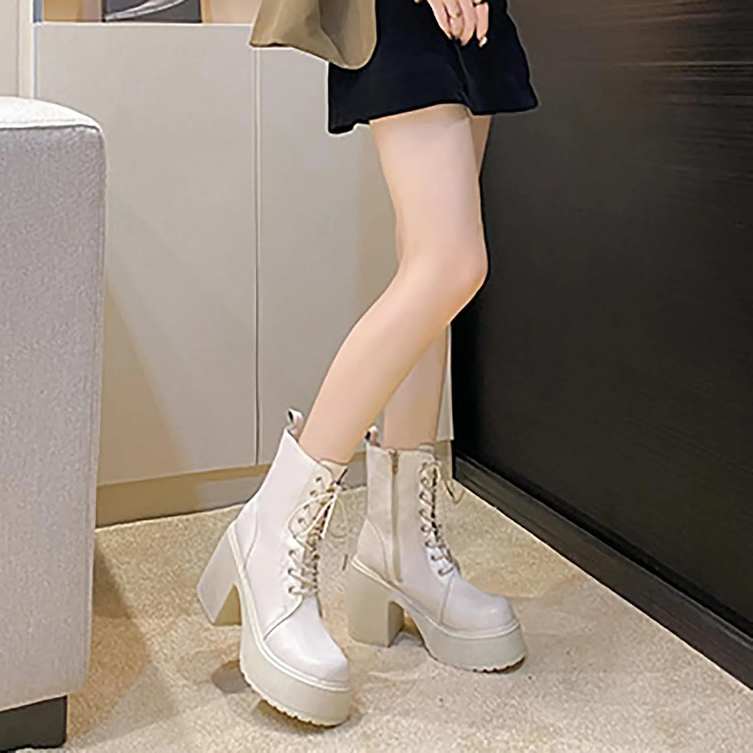 Womens Booties,Platform Boots for Women Chunky Heel Ankle Boots Mid Calf Lace Up Combat Boots Outdoor Snow Boots Shoe