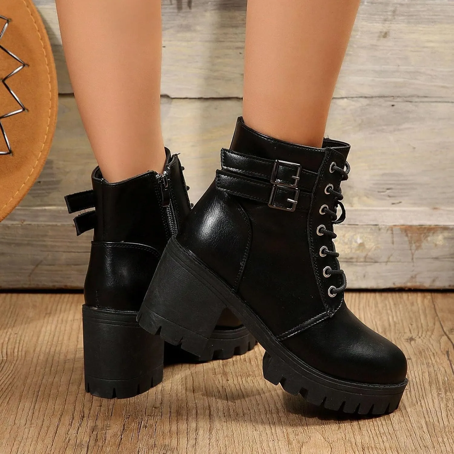 Womens Booties,Winter Boots for Women Fashion Mid Heel Ankle Boots Buckle Lace Up Faux Leather Platform Boots Shoes