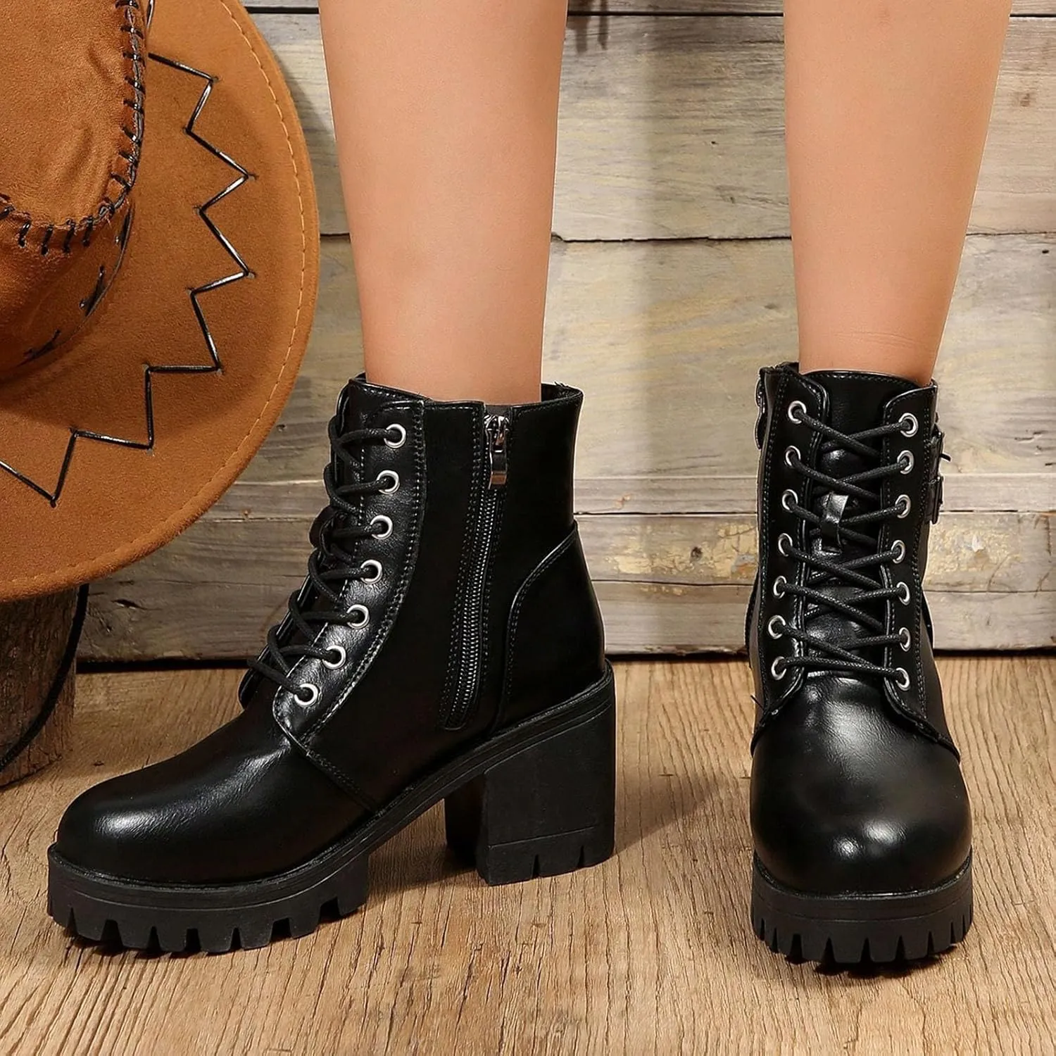 Womens Booties,Winter Boots for Women Fashion Mid Heel Ankle Boots Buckle Lace Up Faux Leather Platform Boots Shoes