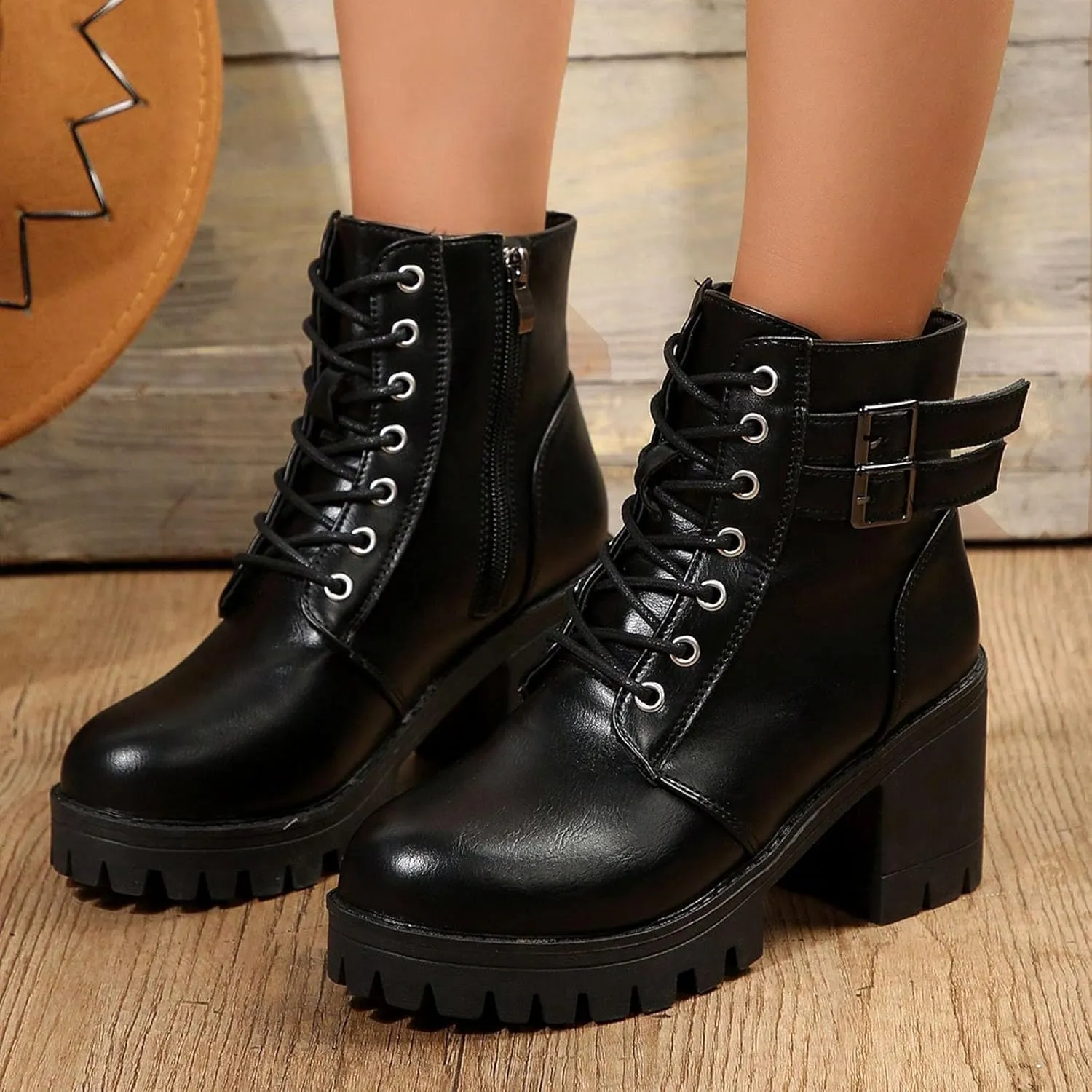 Womens Booties,Winter Boots for Women Fashion Mid Heel Ankle Boots Buckle Lace Up Faux Leather Platform Boots Shoes