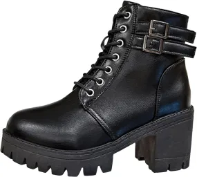 Womens Booties,Winter Boots for Women Fashion Mid Heel Ankle Boots Buckle Lace Up Faux Leather Platform Boots Shoes