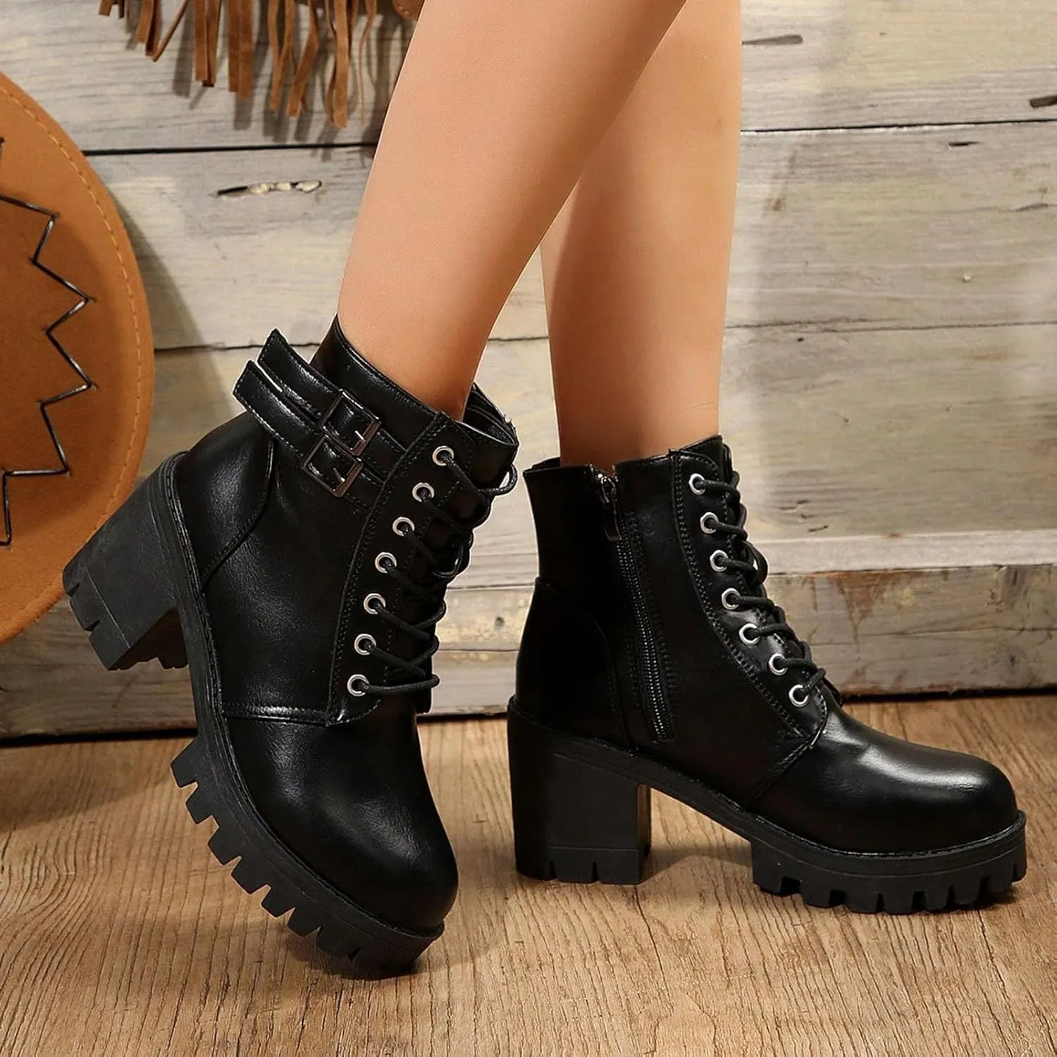 Womens Booties,Winter Boots for Women Fashion Mid Heel Ankle Boots Buckle Lace Up Faux Leather Platform Boots Shoes
