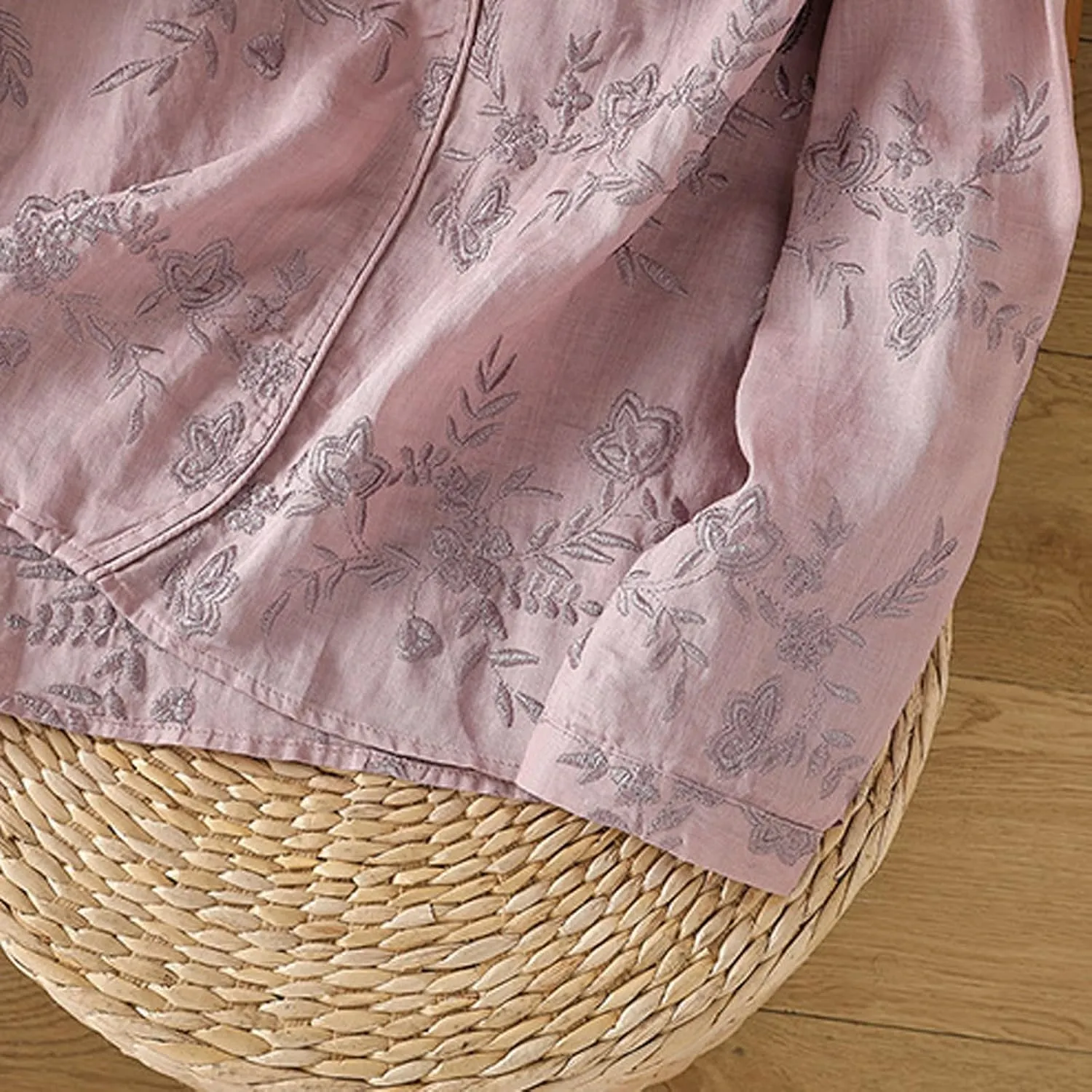 Womens Button Down Linen Shirts Long Sleeve Embroidered Shirts Casual Crew Neck Summer Blouse Tops