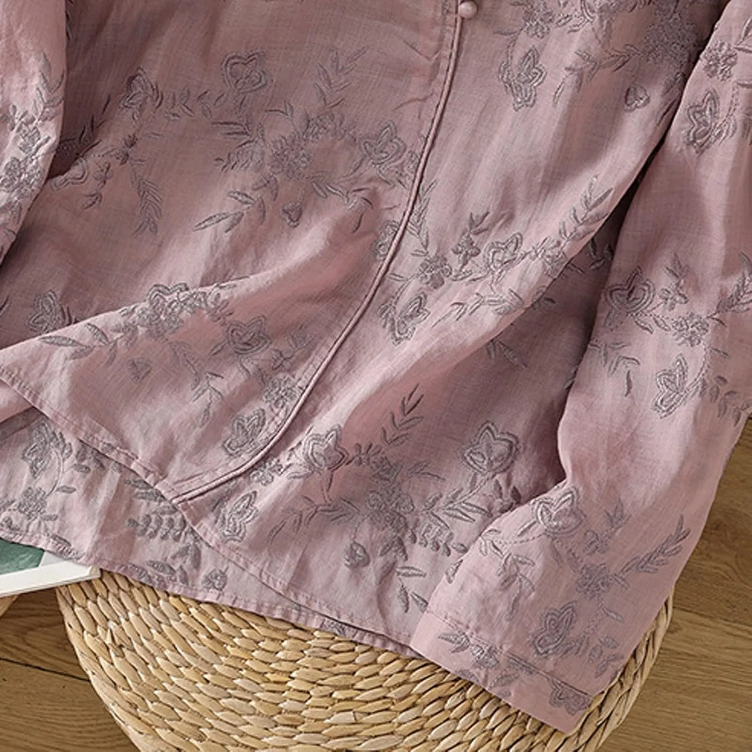 Womens Button Down Linen Shirts Long Sleeve Embroidered Shirts Casual Crew Neck Summer Blouse Tops