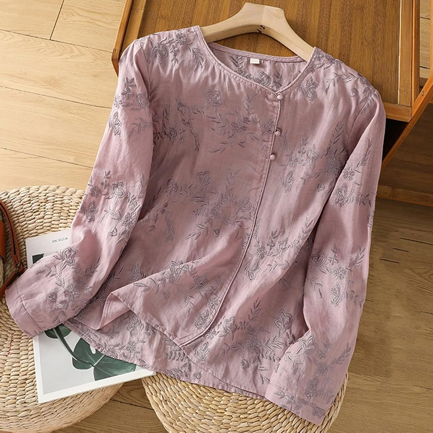 Womens Button Down Linen Shirts Long Sleeve Embroidered Shirts Casual Crew Neck Summer Blouse Tops