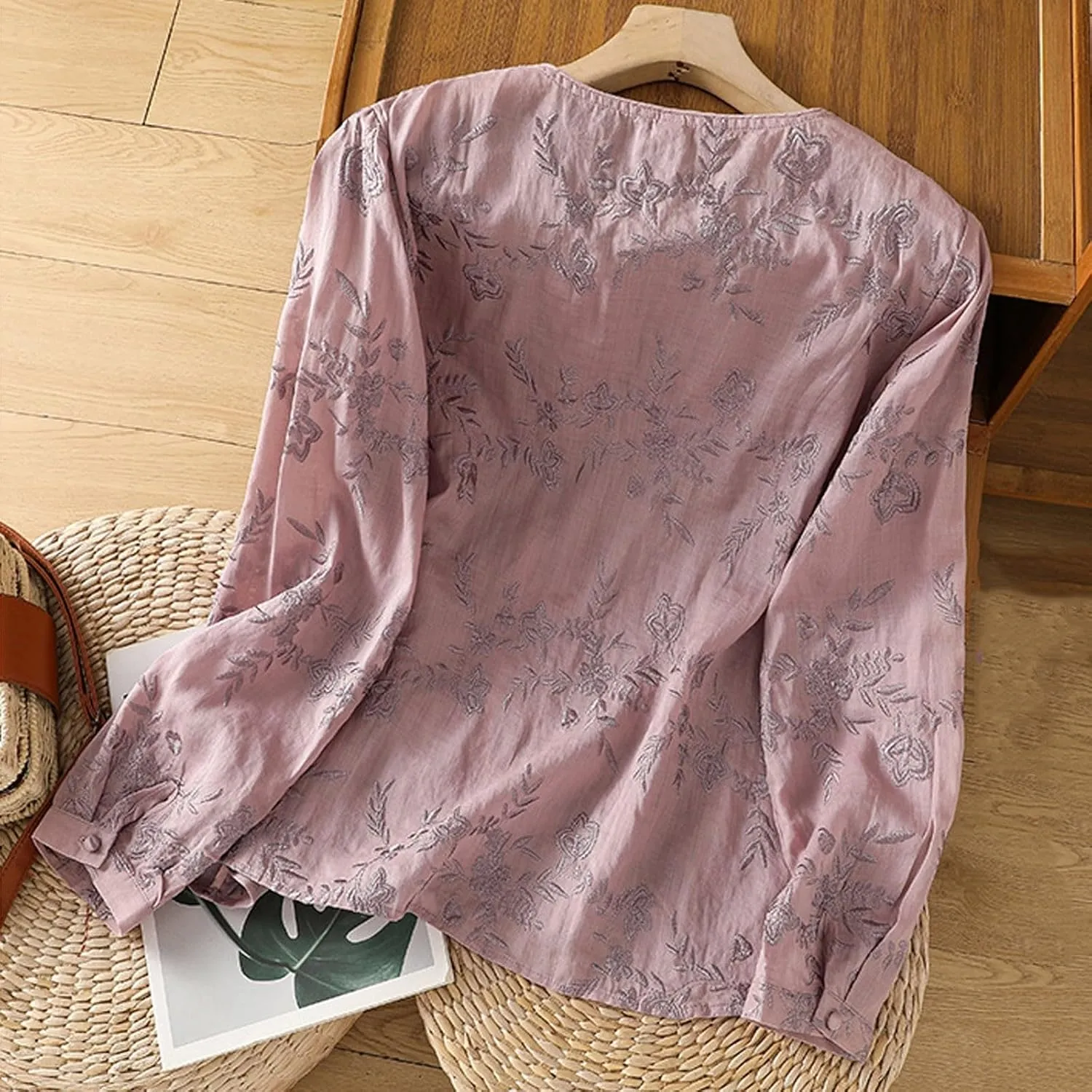 Womens Button Down Linen Shirts Long Sleeve Embroidered Shirts Casual Crew Neck Summer Blouse Tops