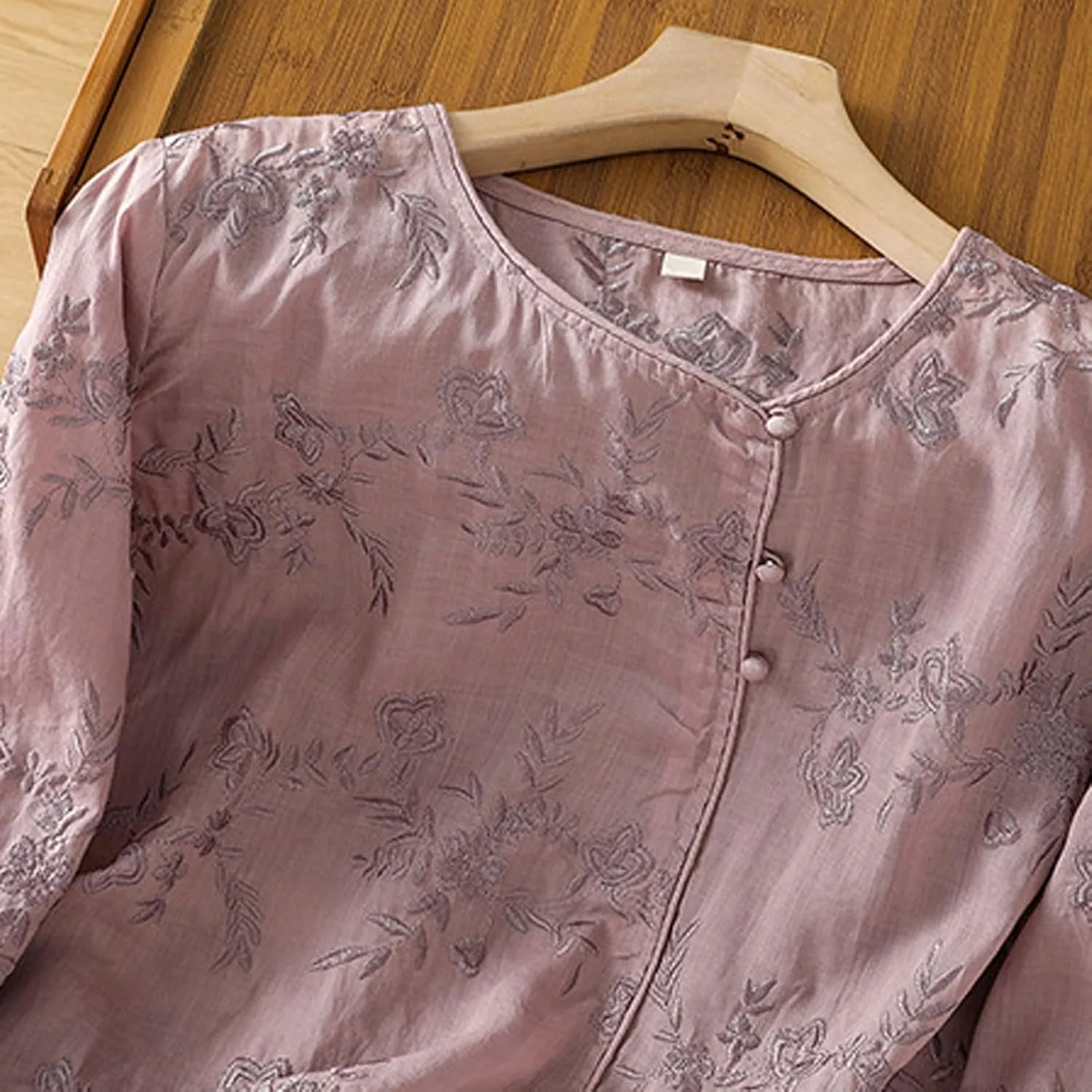 Womens Button Down Linen Shirts Long Sleeve Embroidered Shirts Casual Crew Neck Summer Blouse Tops