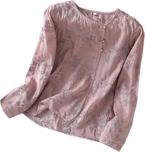 Womens Button Down Linen Shirts Long Sleeve Embroidered Shirts Casual Crew Neck Summer Blouse Tops