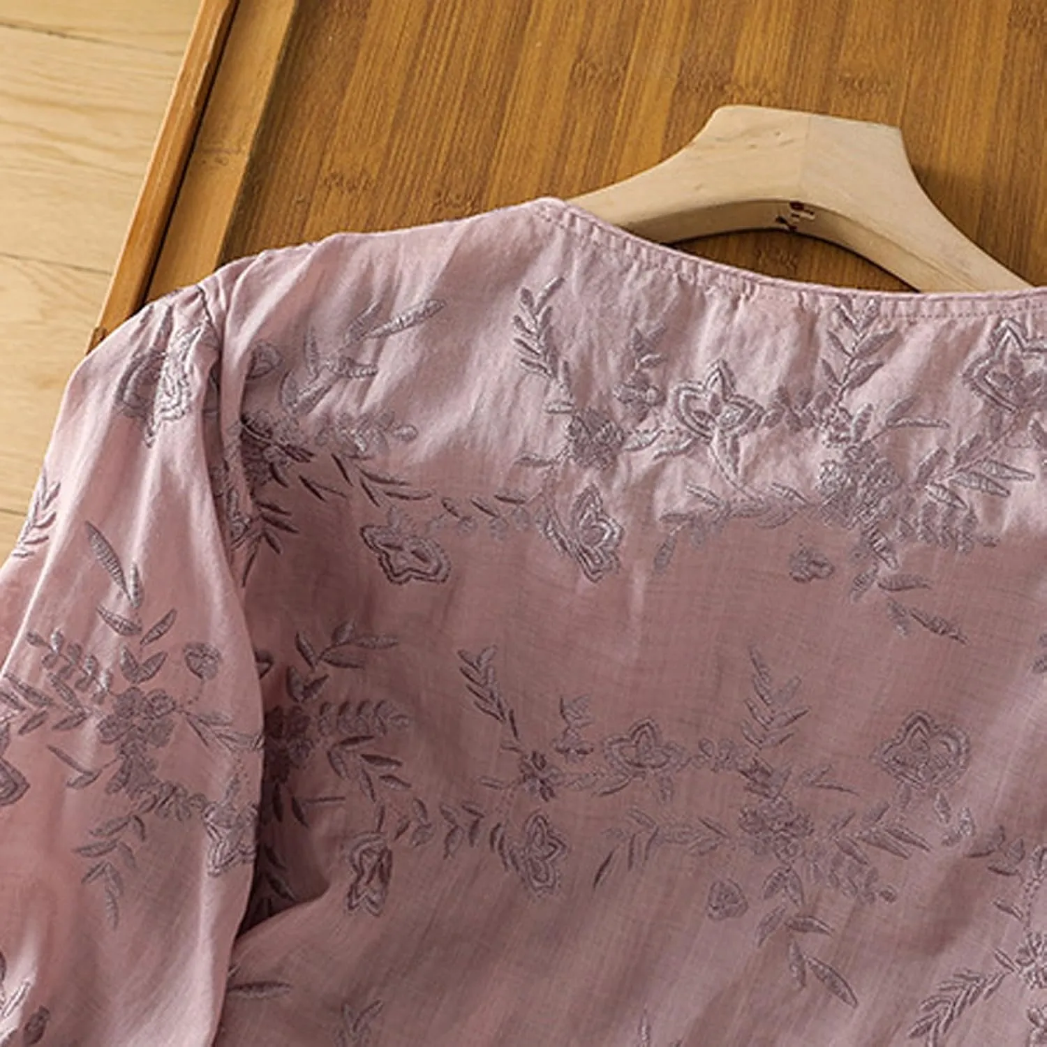 Womens Button Down Linen Shirts Long Sleeve Embroidered Shirts Casual Crew Neck Summer Blouse Tops