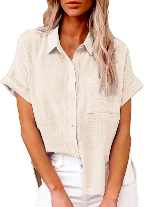Womens Button Down Shirt Cotton and Slub Long Sleeve Pocket Button Tee Casual Popular Blouse Tops(S 3XL) Womens Top