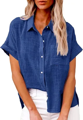 Womens Button Down Shirt Cotton and Slub Long Sleeve Pocket Button Tee Casual Popular Blouse Tops(S 3XL) Womens Top