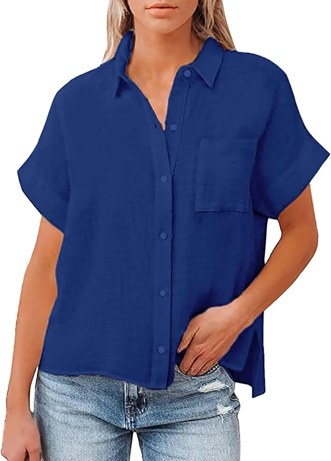 Womens Button Down Shirt Cotton and Slub Long Sleeve Pocket Button Tee Casual Popular Blouse Tops(S 3XL) Womens Top