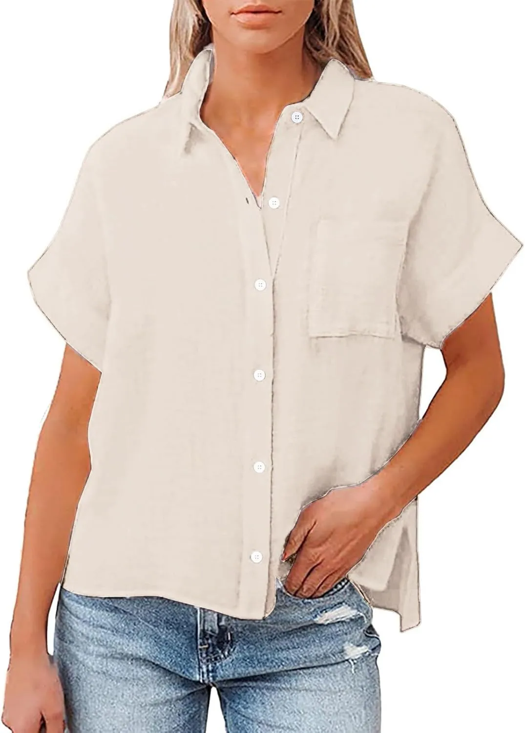 Womens Button Down Shirt Cotton and Slub Long Sleeve Pocket Button Tee Casual Popular Blouse Tops(S 3XL) Womens Top