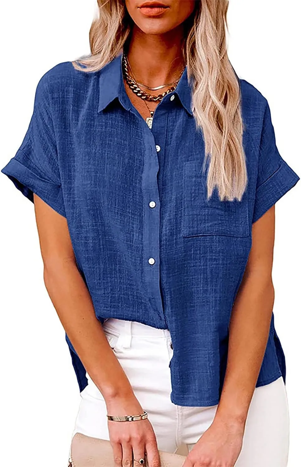 Womens Button Down Shirt Cotton and Slub Long Sleeve Pocket Button Tee Casual Popular Blouse Tops(S 3XL) Womens Top