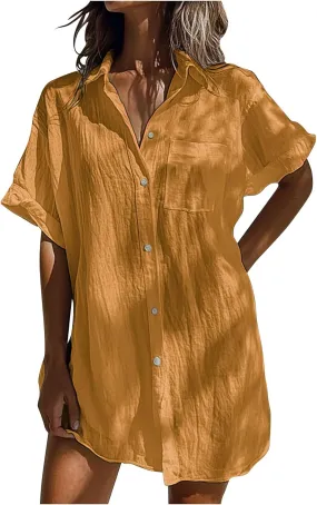 Womens Button Down Shirts Long Tunics Cotton Linen Dress Plus Size Short Sleeve Tops Beach Cover up Loose Blouse 2025